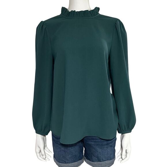 J.Crew Ruffle Neckline Long Sleeve Green Blouse Size Medium - Picture 2 of 9